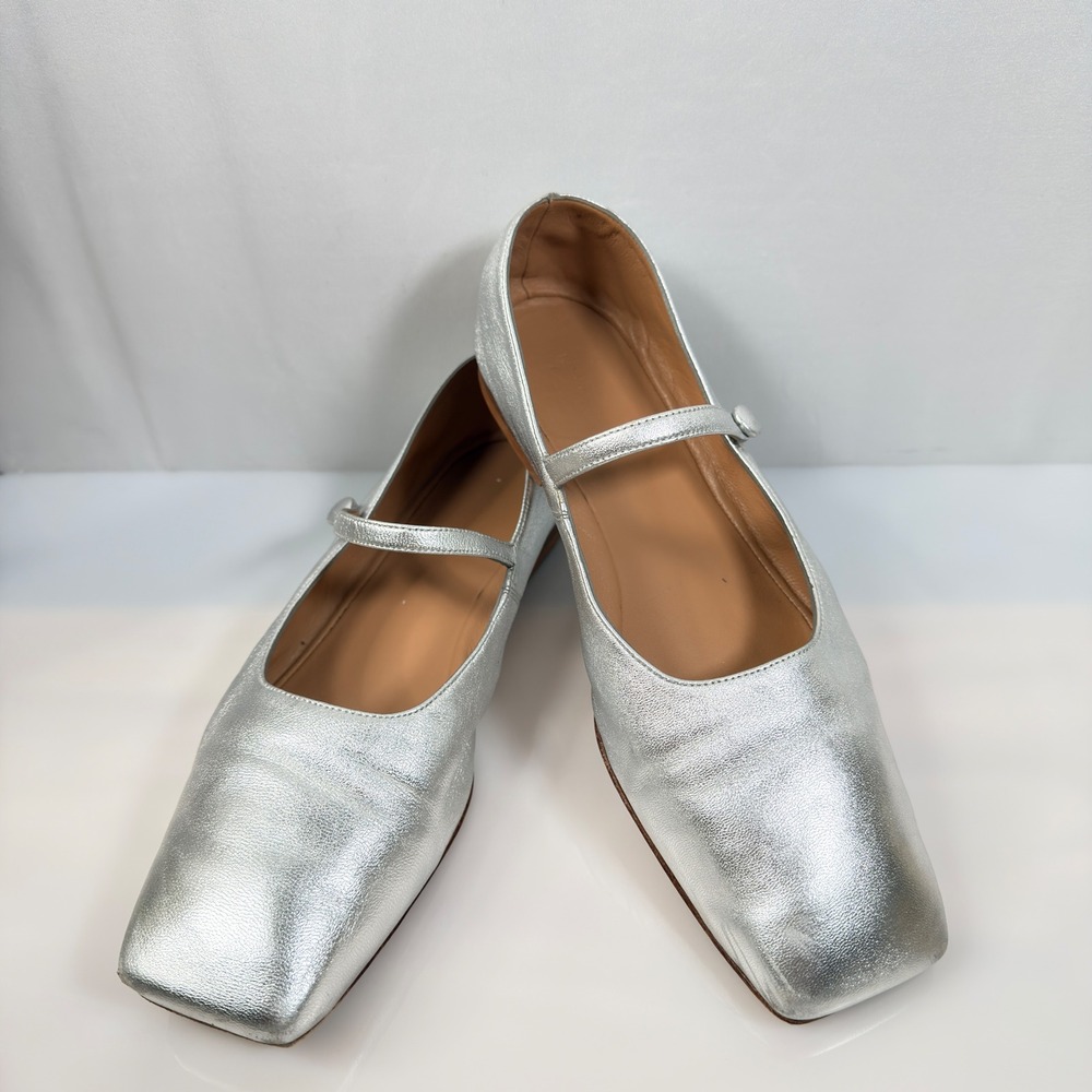 Mansur Gavriel Silver Leather Square Toe Mary Jane Flats Size 7.5/37.5 Portugal